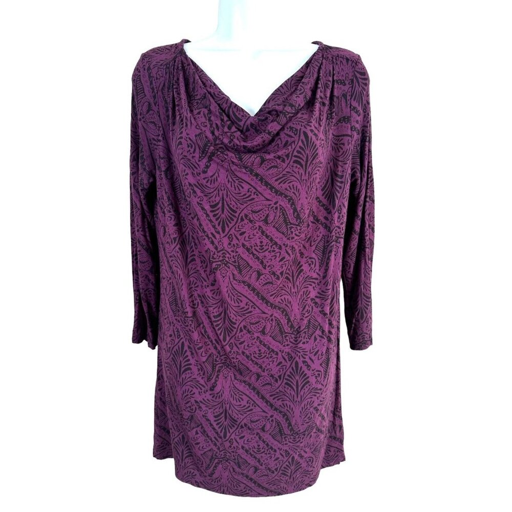 Soma Womens Dress Small Purple Black Floral Long Sleeve Stretch Cowl Neck
